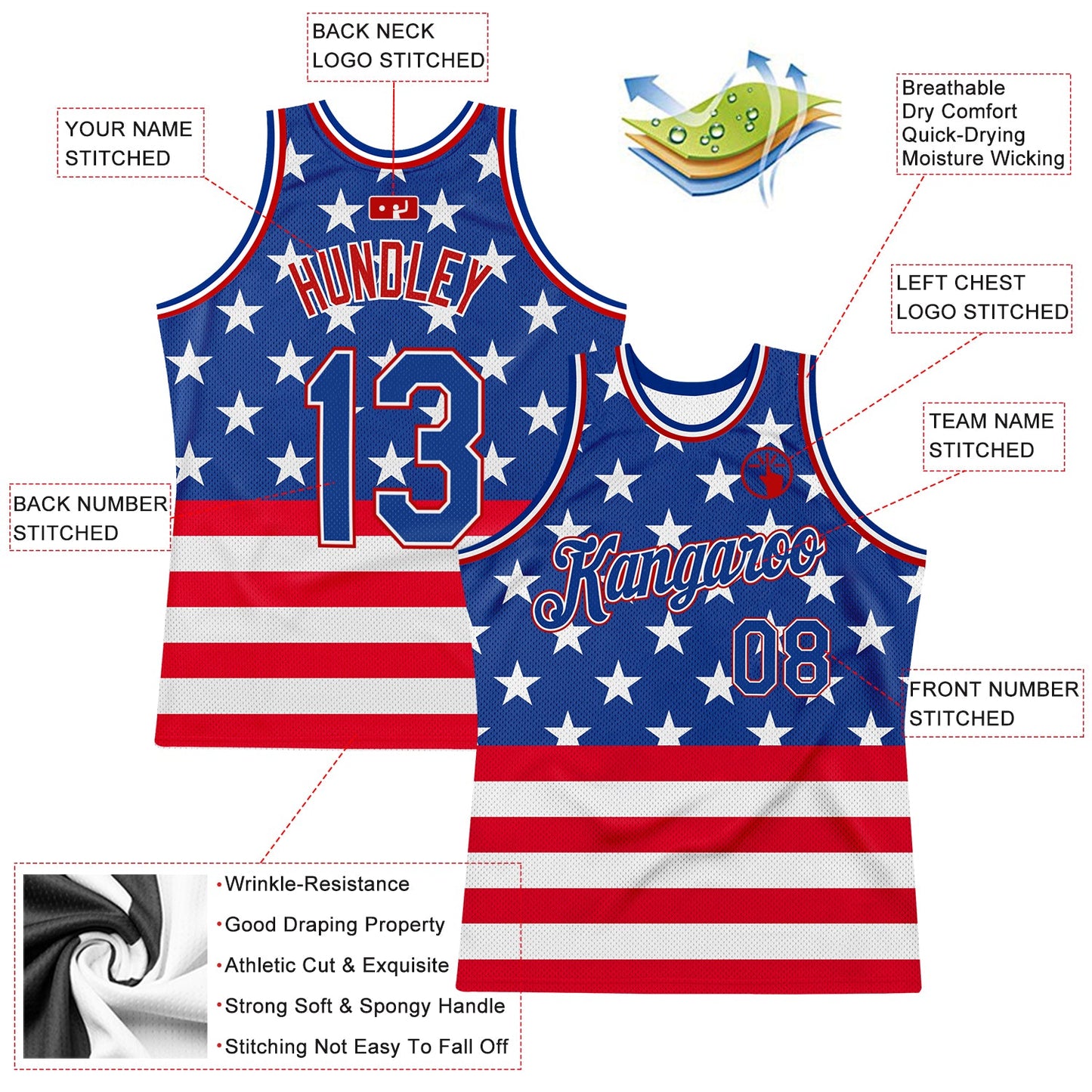 Custom Royal Royal-Red 3D Pattern Design American Flag Authentic Basketball Jersey view 2