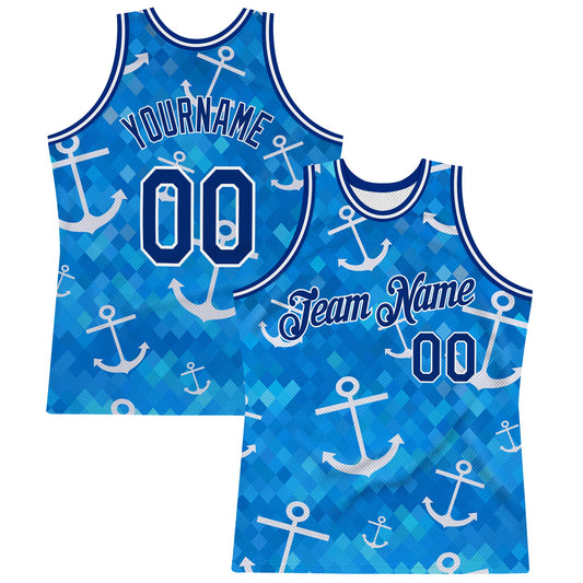 Custom Royal Royal-White 3D Pattern Design Anchors Authentic Basketball Jersey - Main View