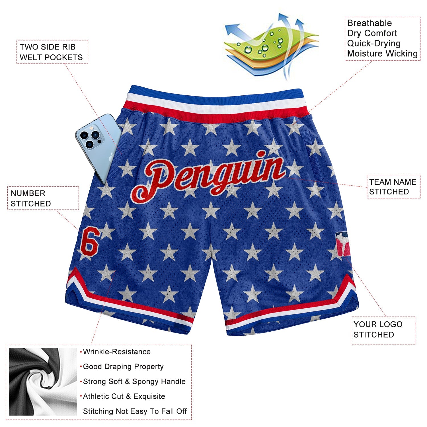 Custom Royal Red-White 3D Pattern Design American Flag Authentic Basketball Shorts view 2