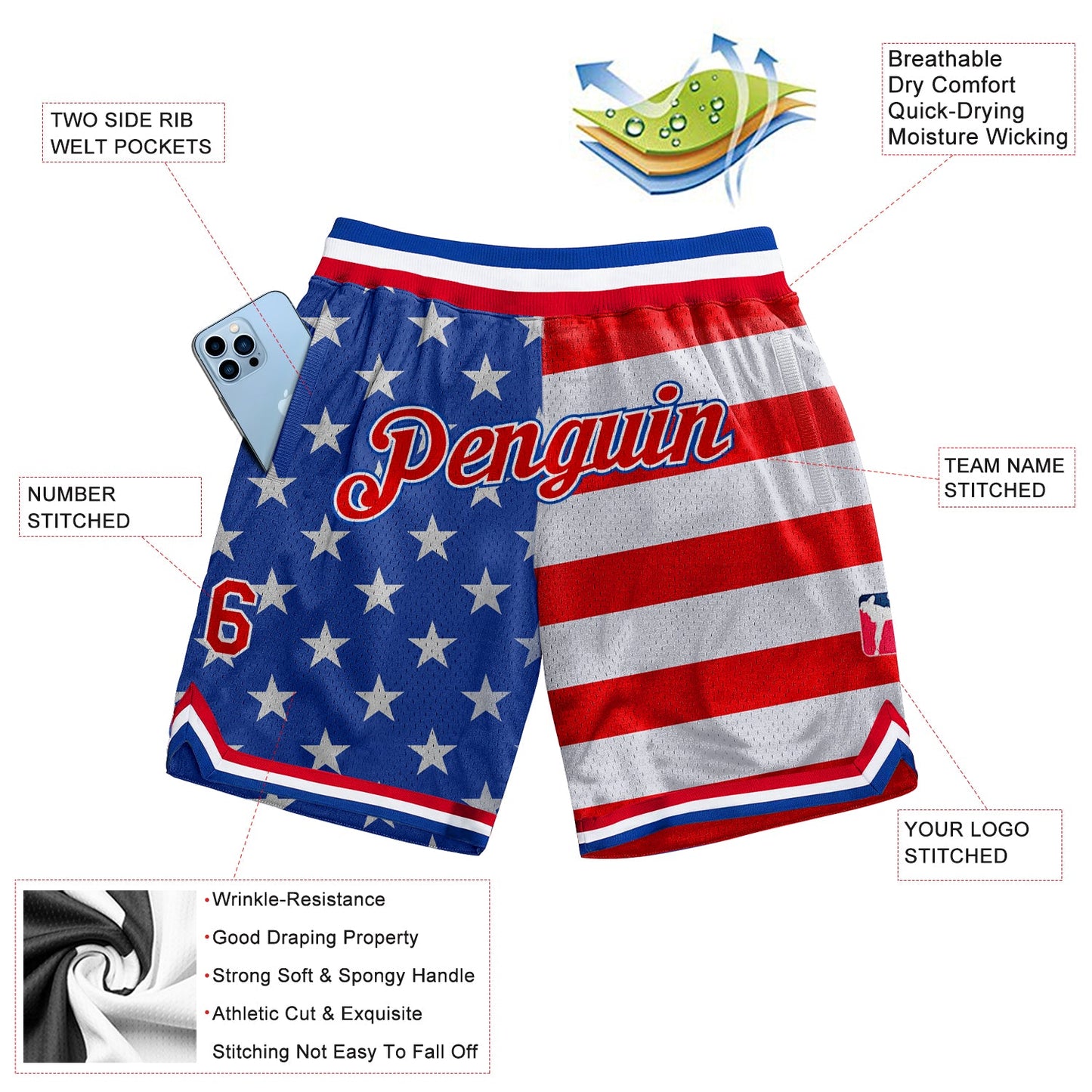 Custom Royal Red-White 3D Pattern Design American Flag Authentic Basketball Shorts view 2