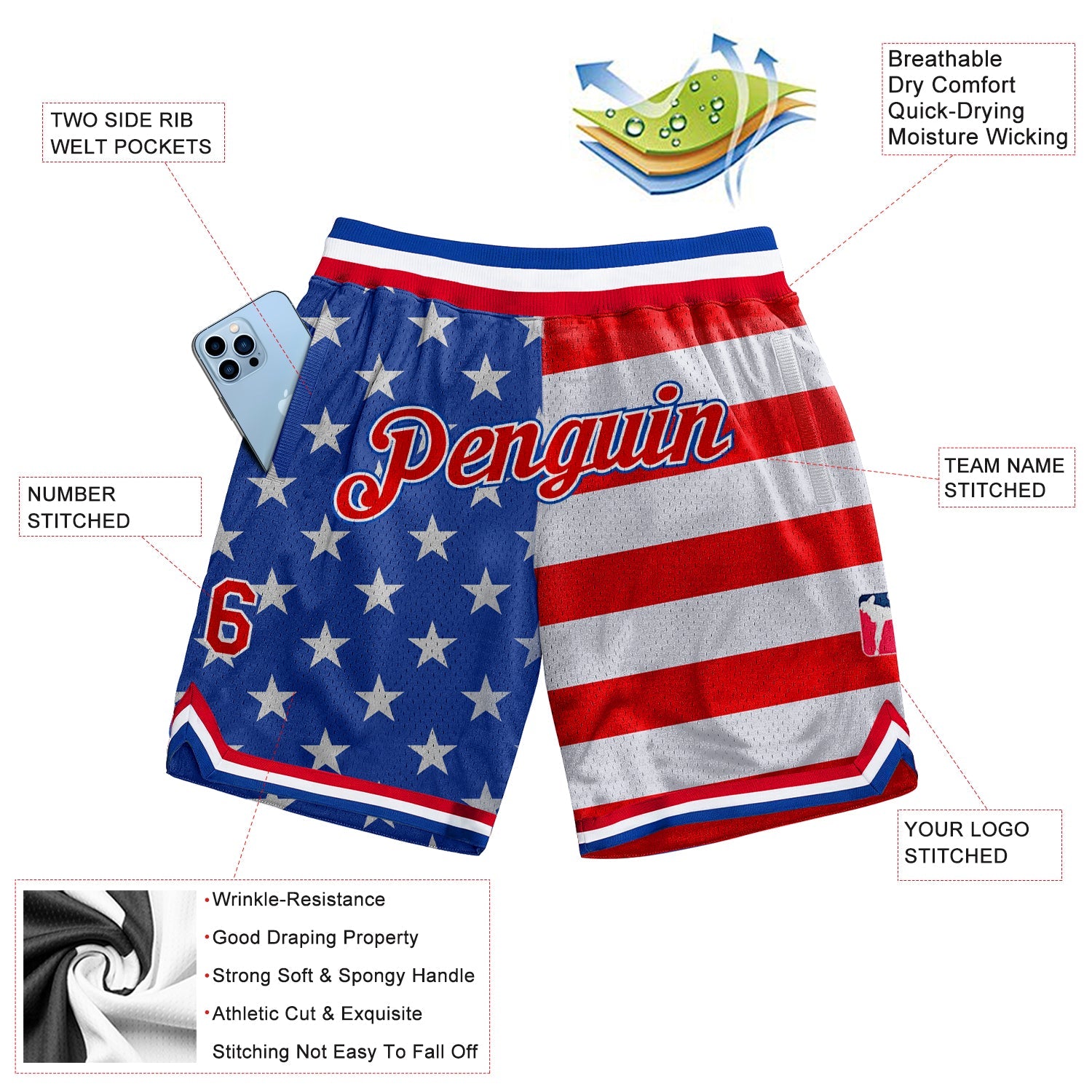 Custom Royal Red-White 3D Pattern Design American Flag Authentic Basketball Shorts view 2