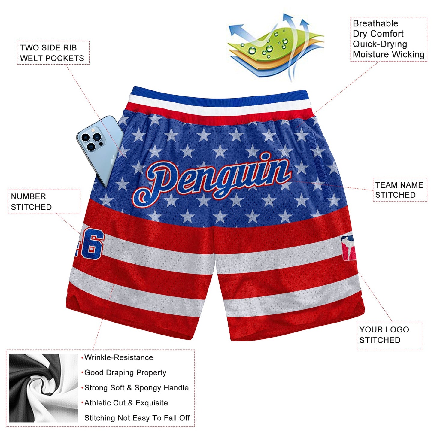 Custom Royal Royal-Red 3D Pattern Design American Flag Authentic Basketball Shorts view 2