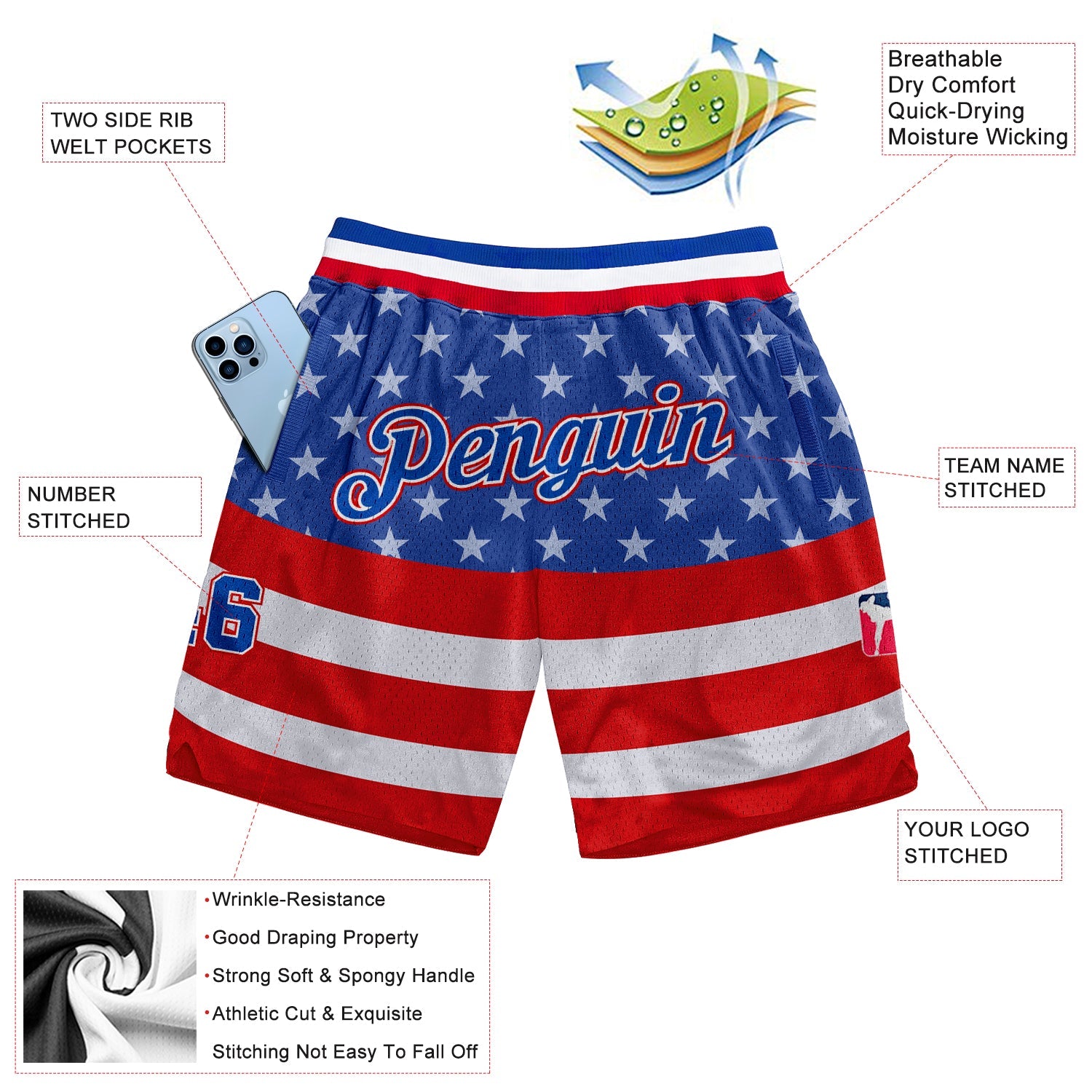 Custom Royal Royal-Red 3D Pattern Design American Flag Authentic Basketball Shorts view 2