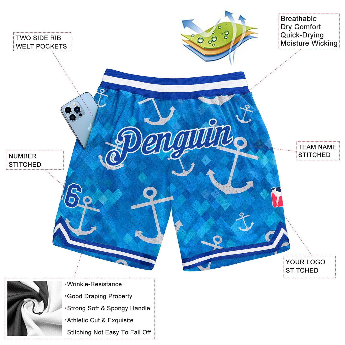 Custom Royal Royal-White 3D Pattern Design Anchors Authentic Basketball Shorts view 2