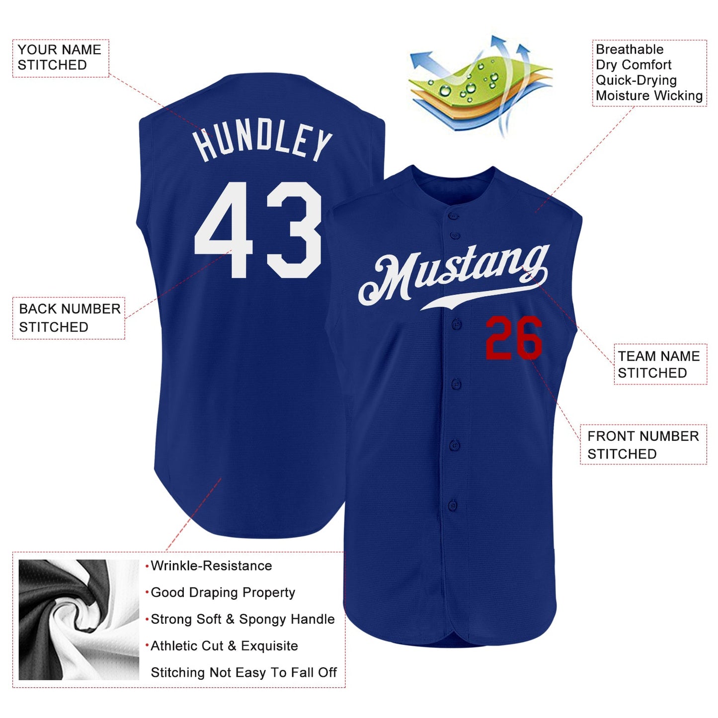 Custom Royal White-Red Authentic Sleeveless Baseball Jersey view 2
