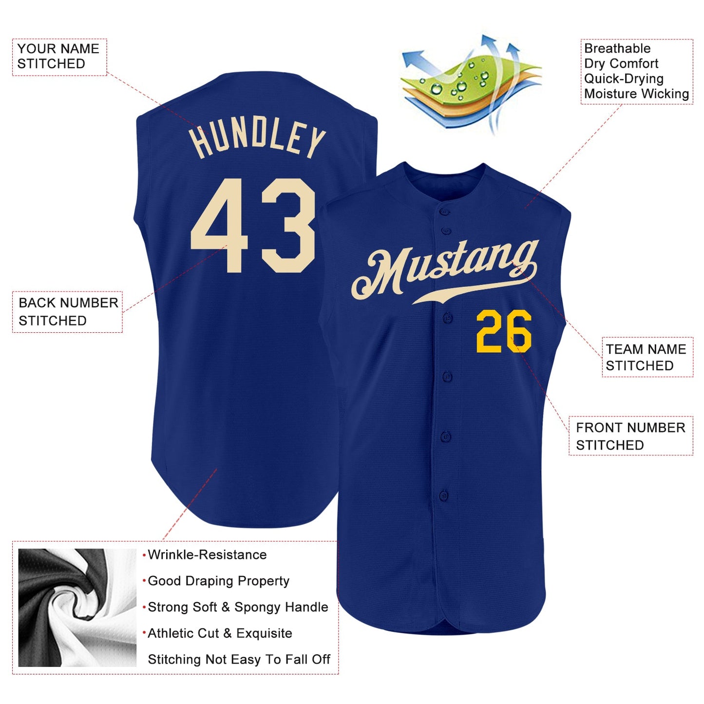 Custom Royal Cream-Gold Authentic Sleeveless Baseball Jersey view 2