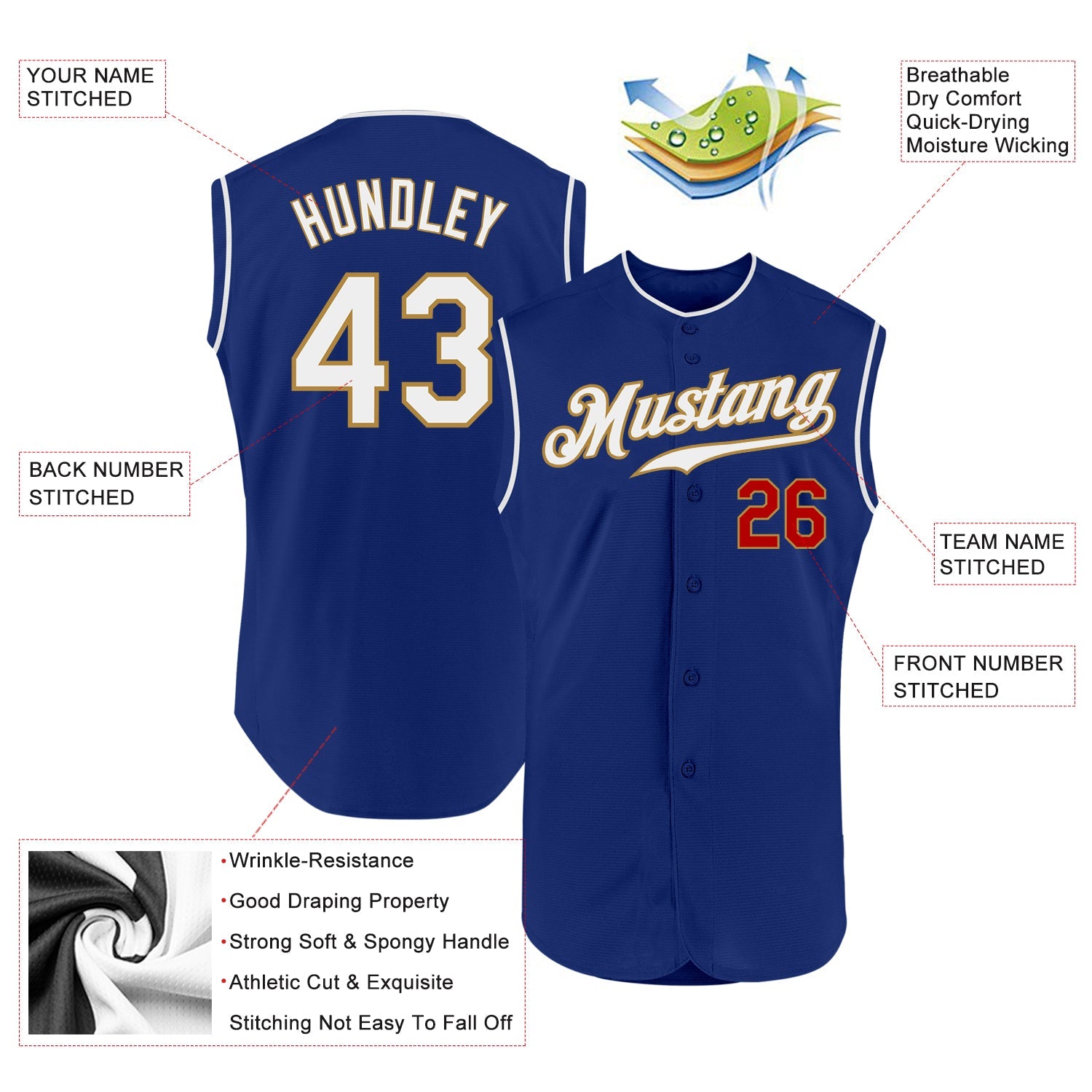 Custom Royal White-Red Authentic Sleeveless Baseball Jersey view 2