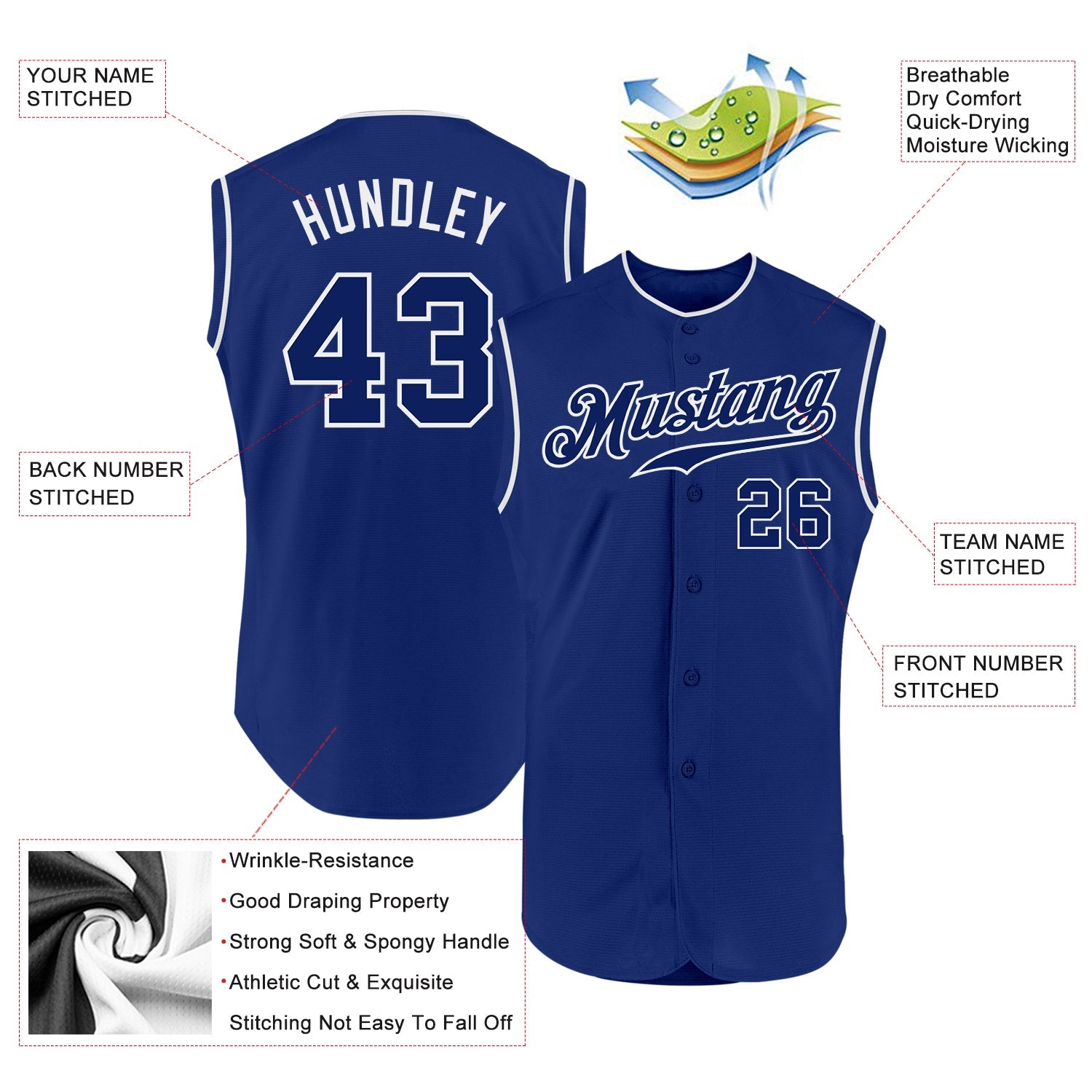 Custom Royal Royal-White Authentic Sleeveless Baseball Jersey view 2