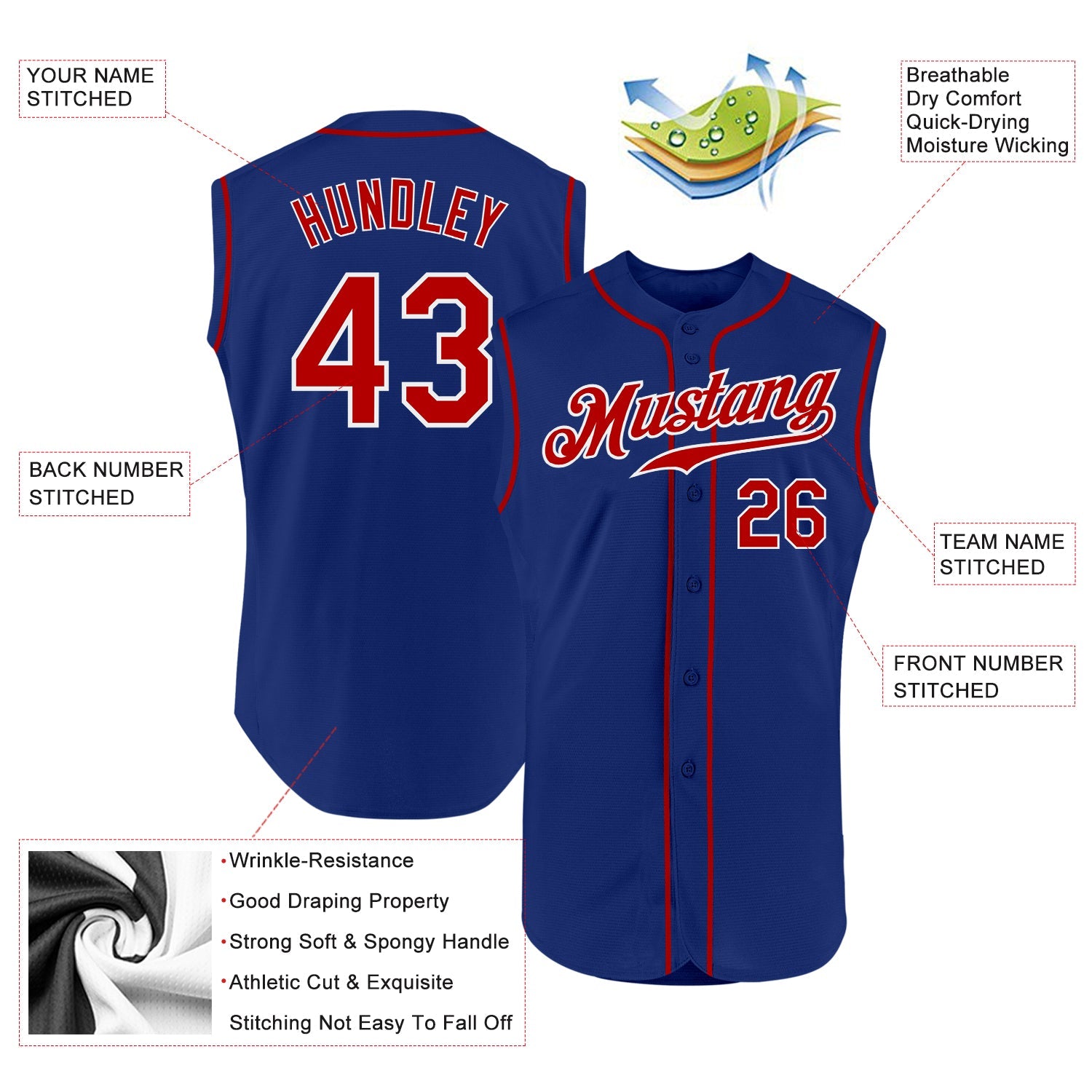 Custom Royal Red-White Authentic Sleeveless Baseball Jersey view 2