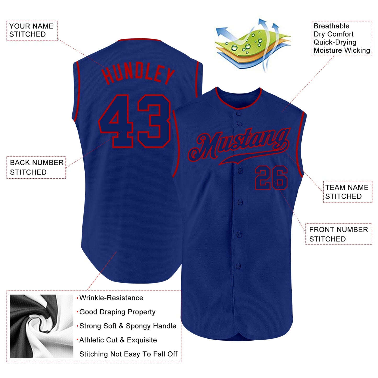 Custom Royal Royal-Red Authentic Sleeveless Baseball Jersey view 2