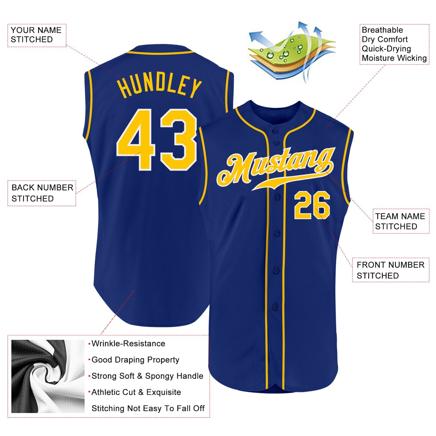 Custom Royal Gold-White Authentic Sleeveless Baseball Jersey view 2