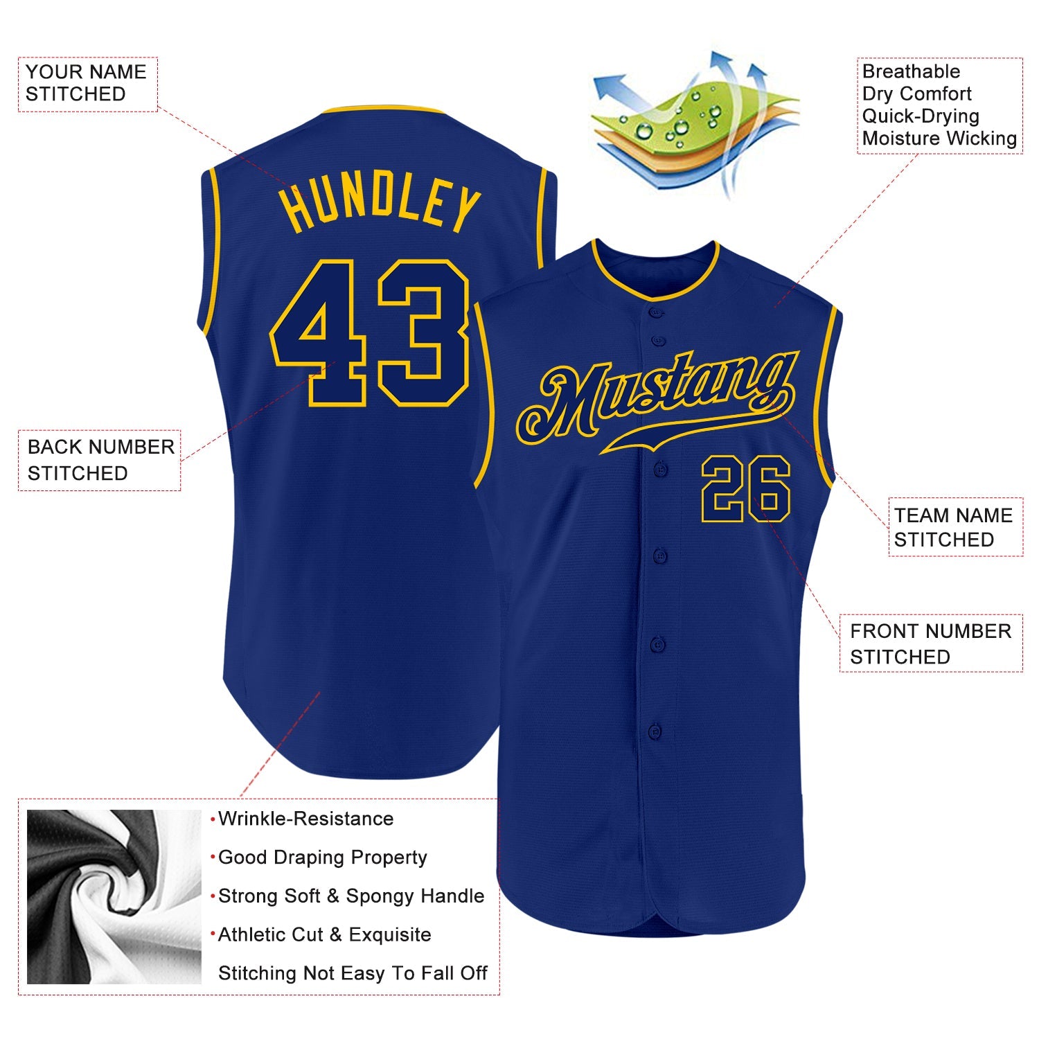Custom Royal Royal-Gold Authentic Sleeveless Baseball Jersey view 2