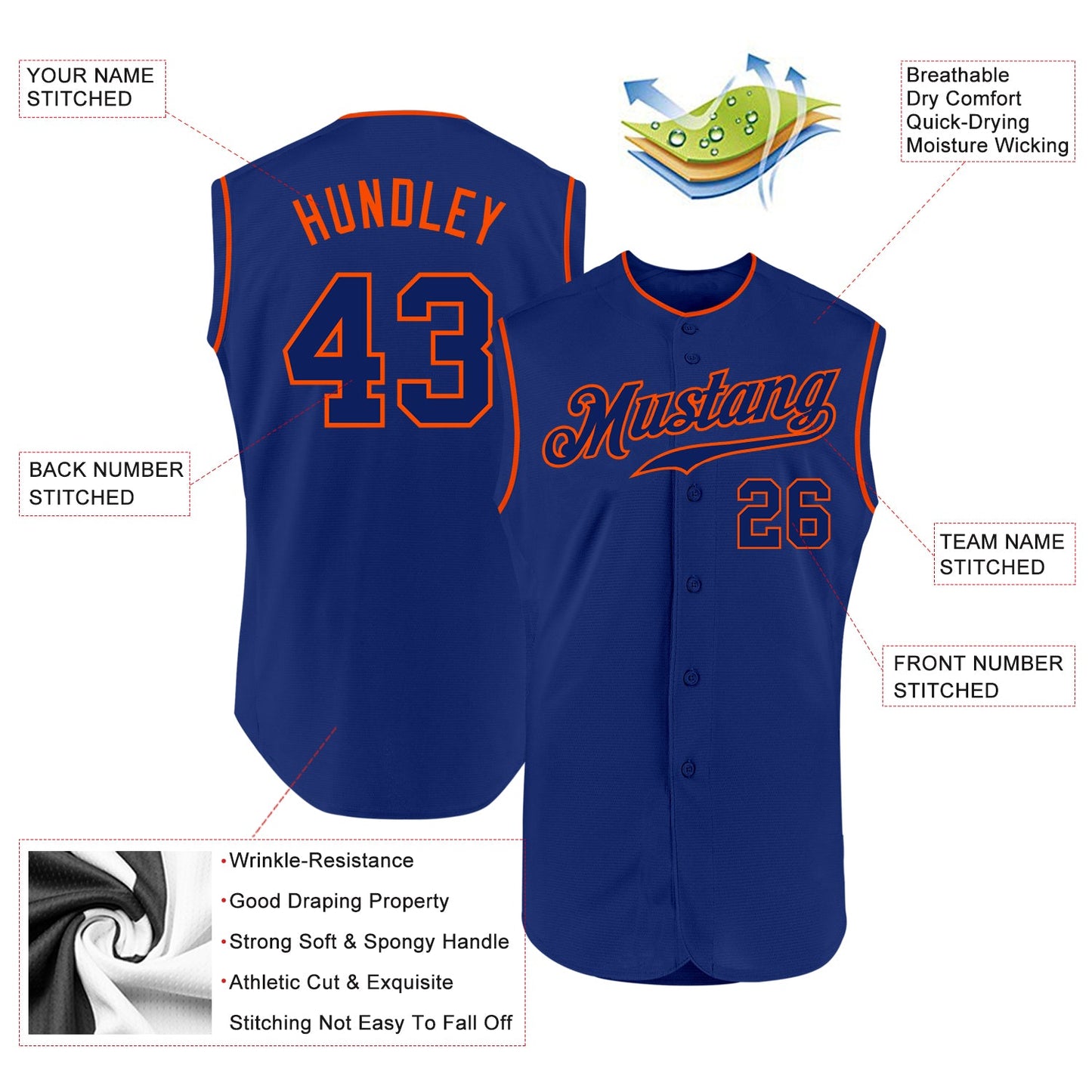 Custom Royal Royal-Orange Authentic Sleeveless Baseball Jersey view 2