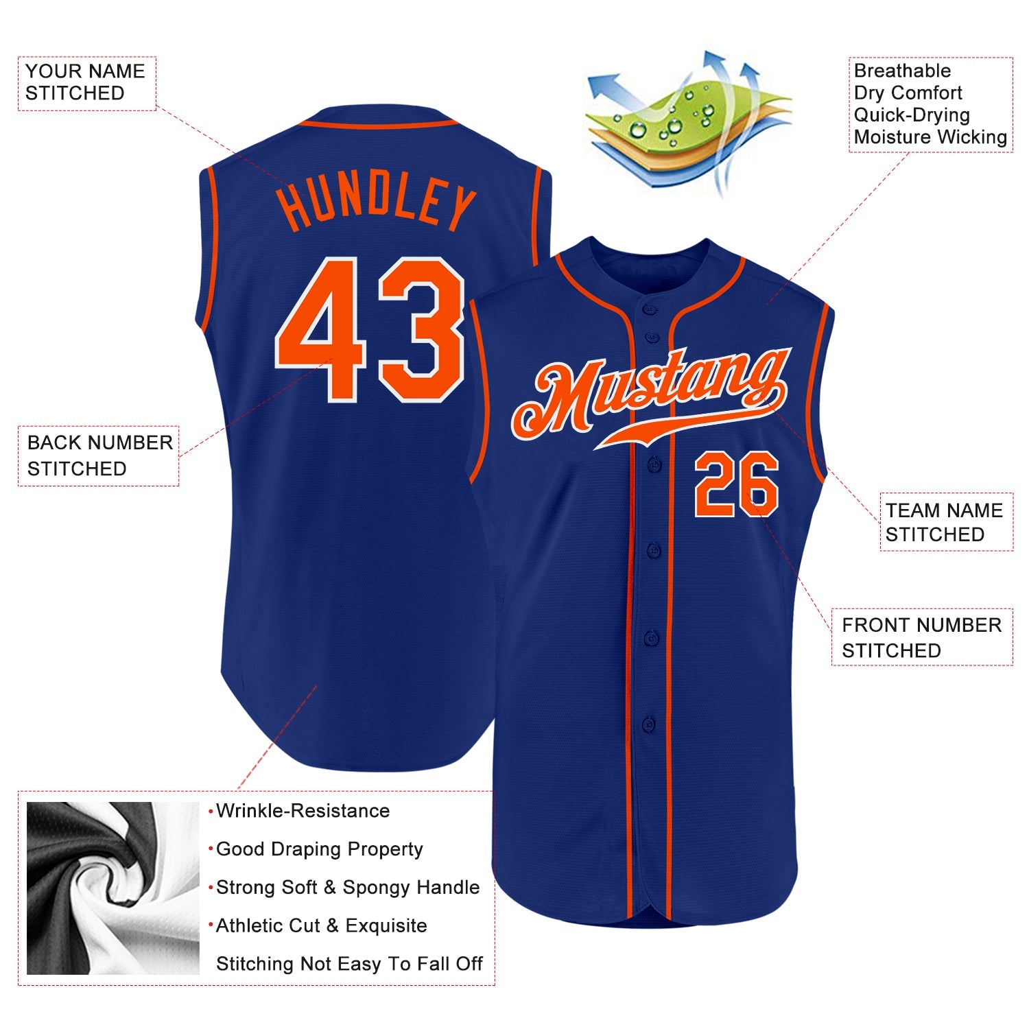 Custom Royal Orange-White Authentic Sleeveless Baseball Jersey view 2