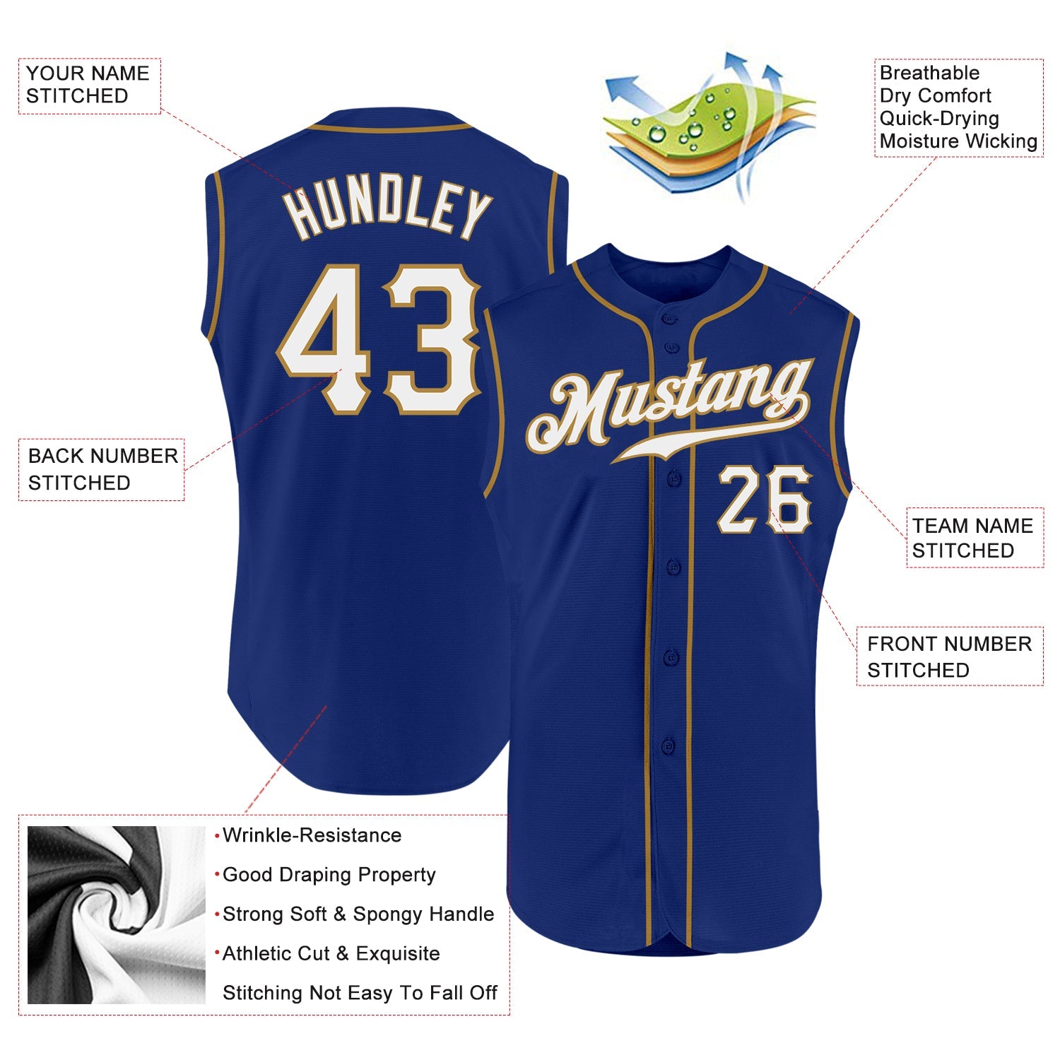 Custom Royal White-Old Gold Authentic Sleeveless Baseball Jersey view 2