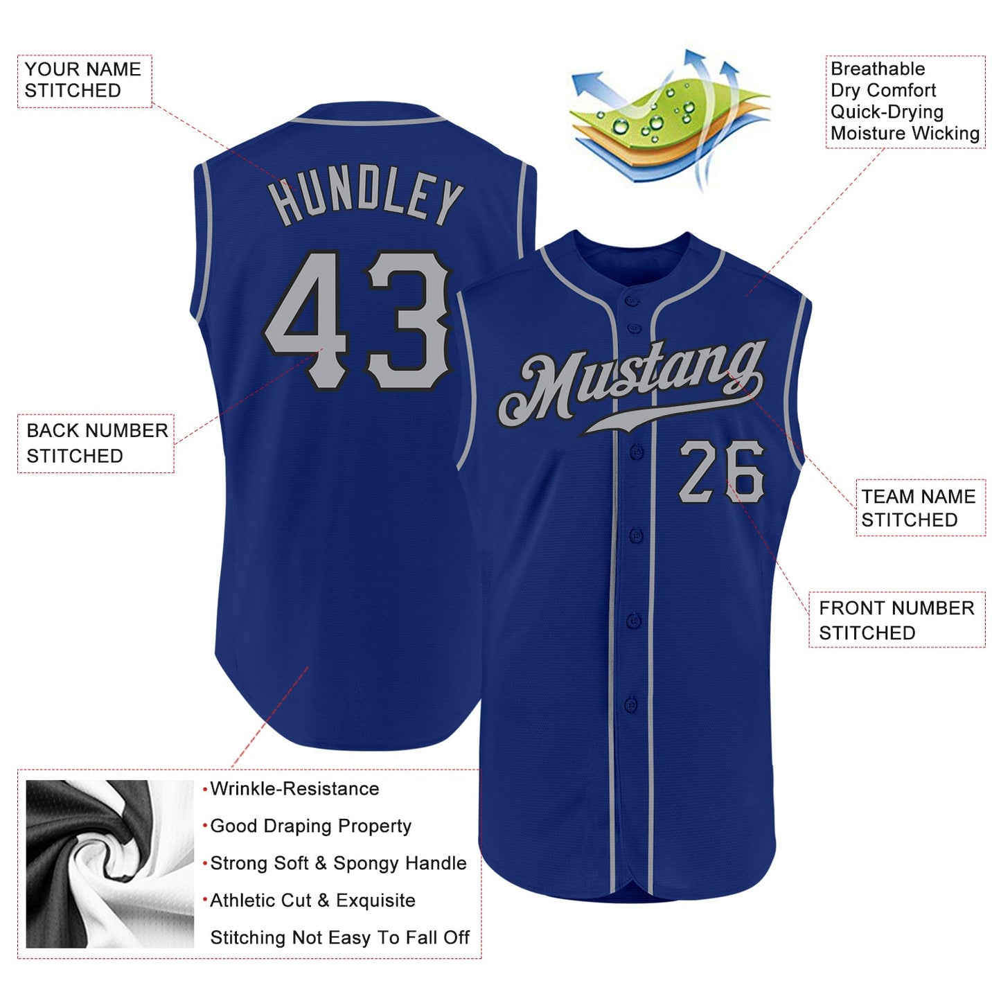 Custom Royal Gray-Black Authentic Sleeveless Baseball Jersey view 2