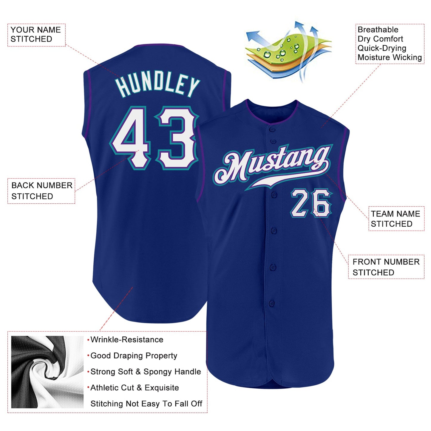 Custom Royal White Purple-Teal Authentic Sleeveless Baseball Jersey view 2
