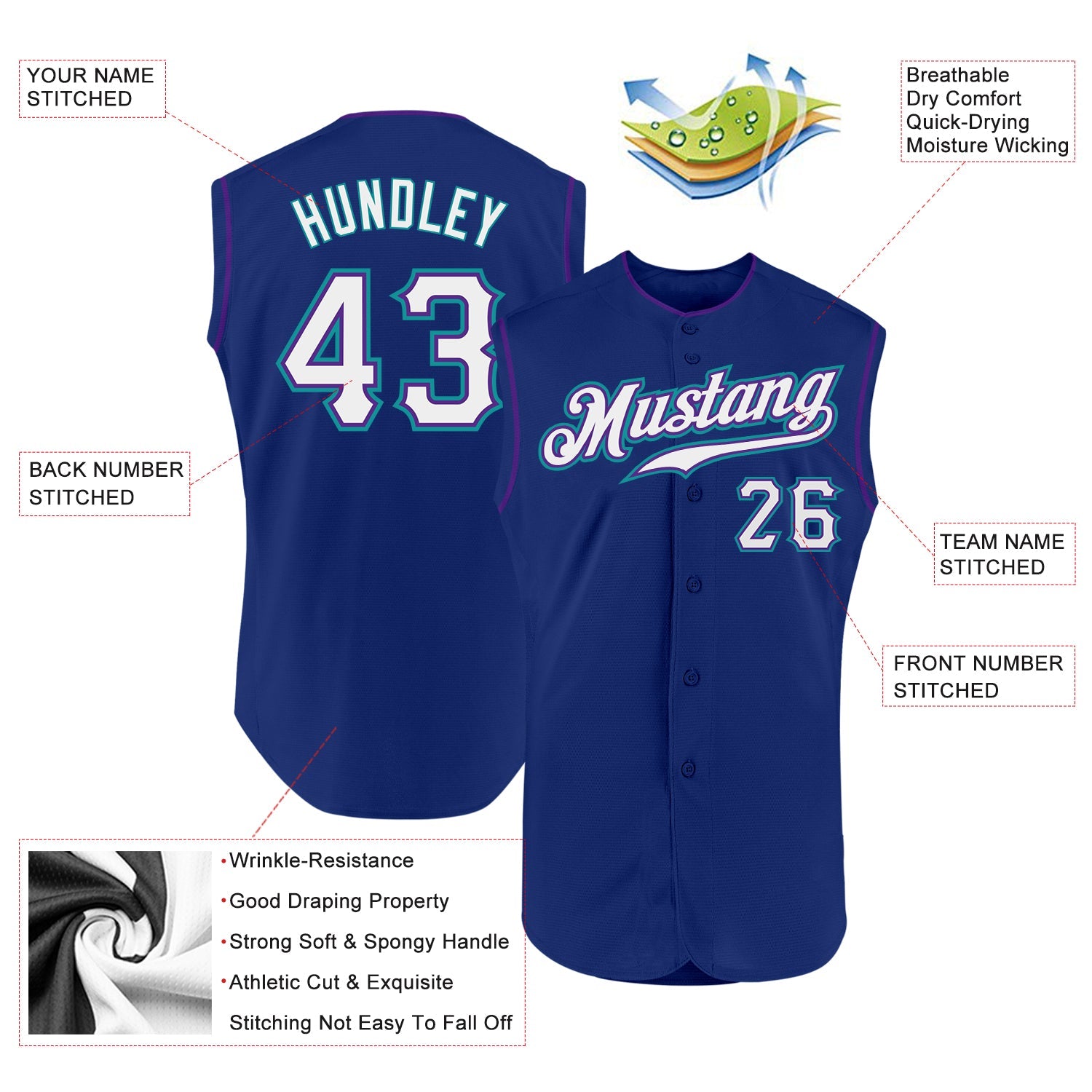 Custom Royal White Purple-Teal Authentic Sleeveless Baseball Jersey view 2