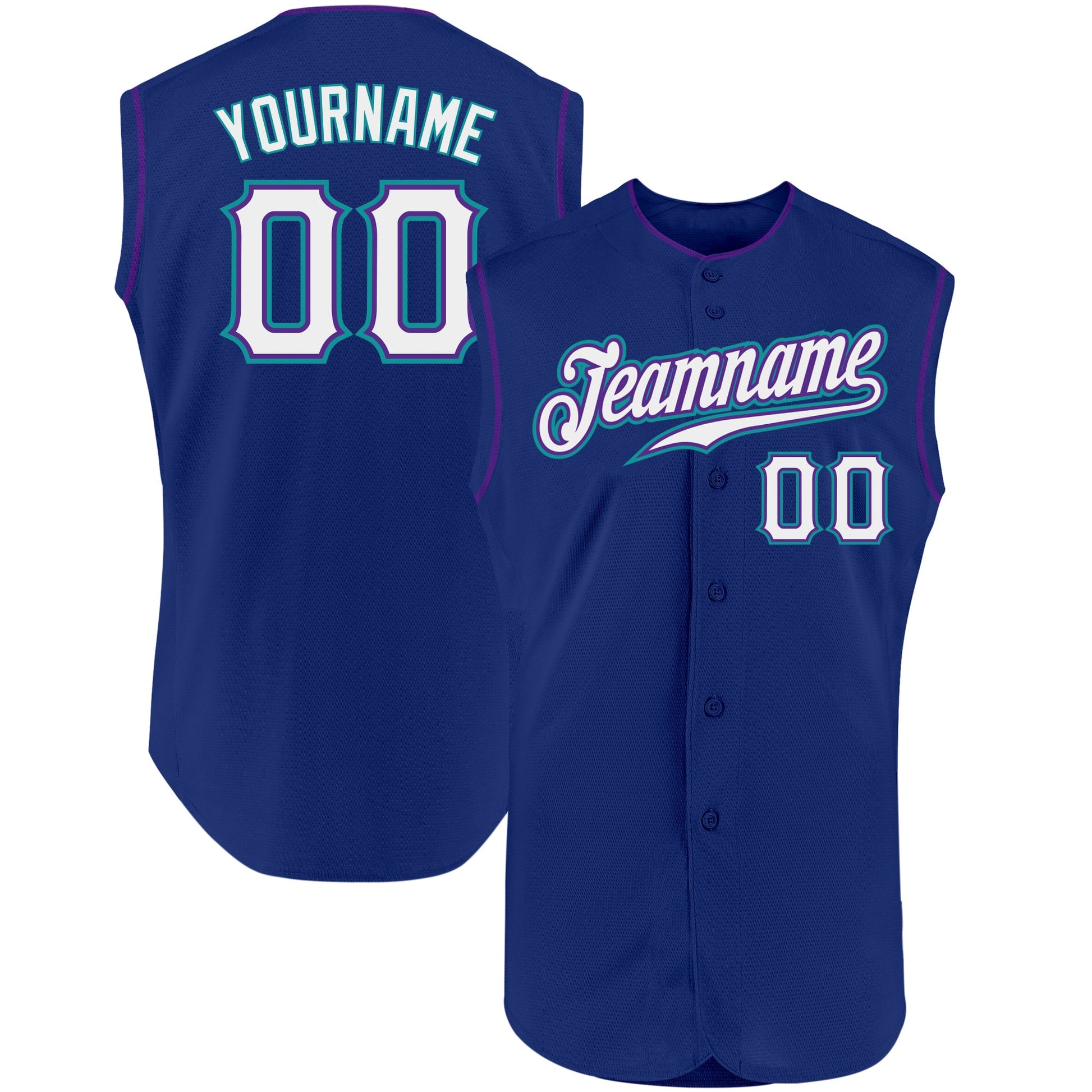 Custom Royal White Purple-Teal Authentic Sleeveless Baseball Jersey - Main View