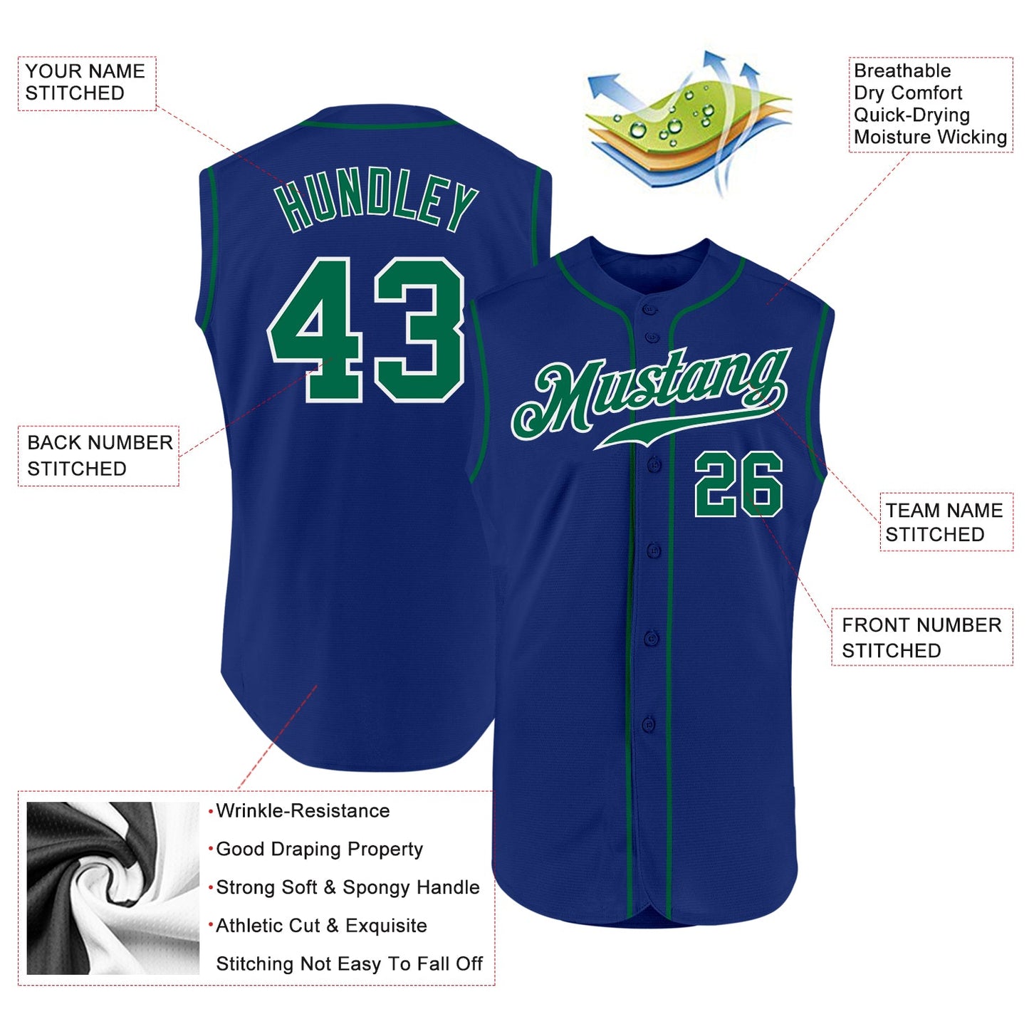 Custom Royal Kelly Green-White Authentic Sleeveless Baseball Jersey view 2