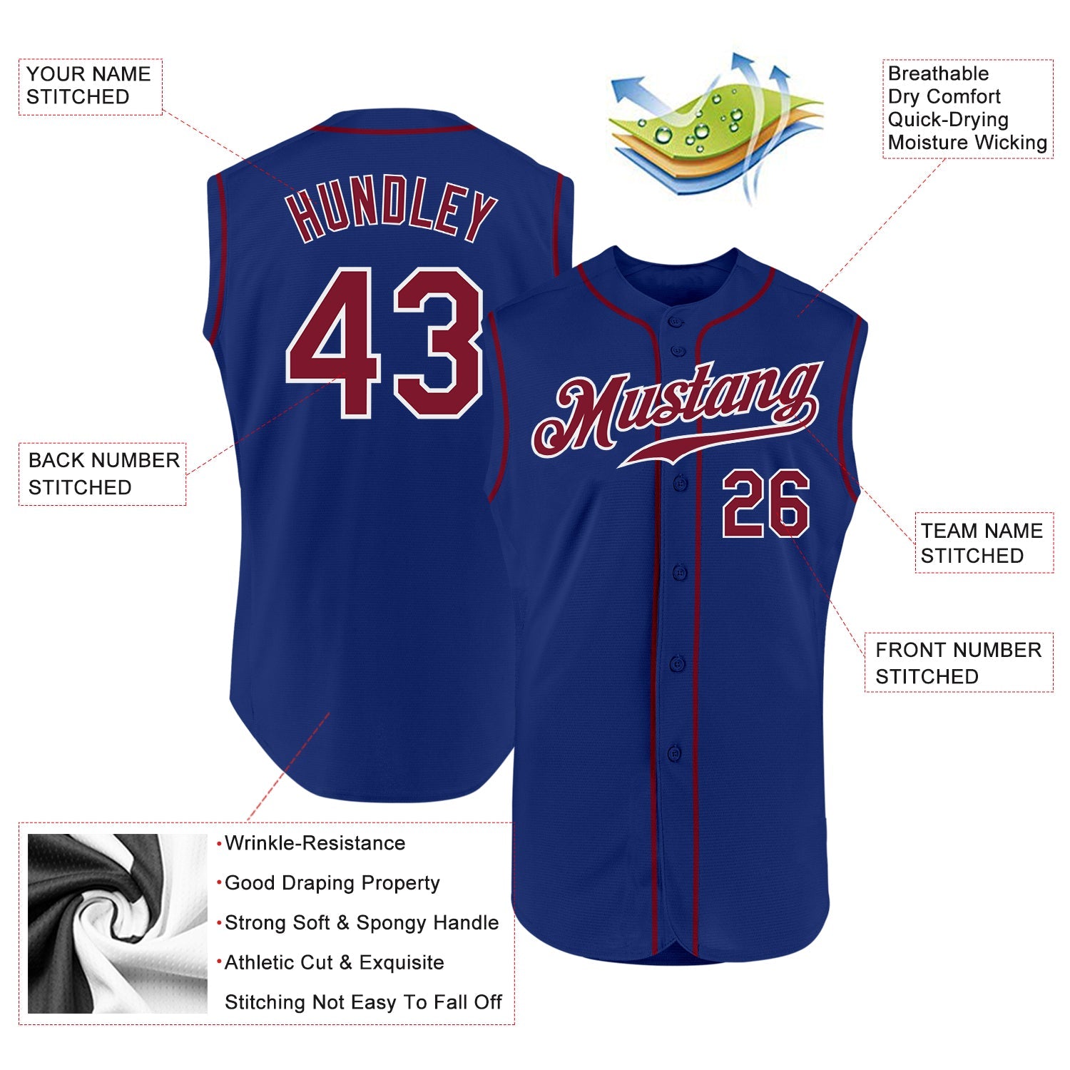 Custom Royal Crimson-White Authentic Sleeveless Baseball Jersey view 2