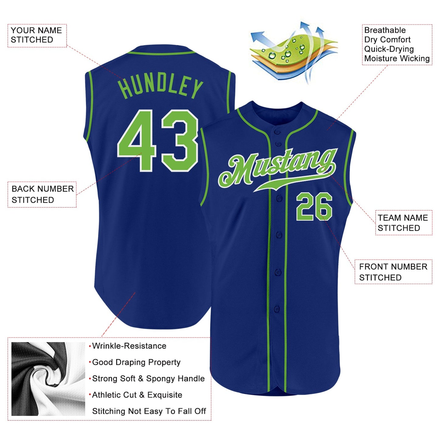 Custom Royal Neon Green-White Authentic Sleeveless Baseball Jersey view 2