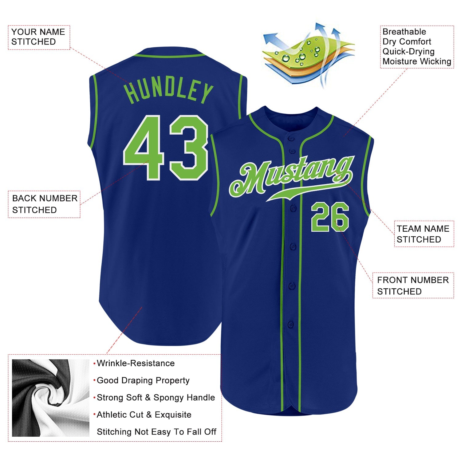 Custom Royal Neon Green-White Authentic Sleeveless Baseball Jersey view 2