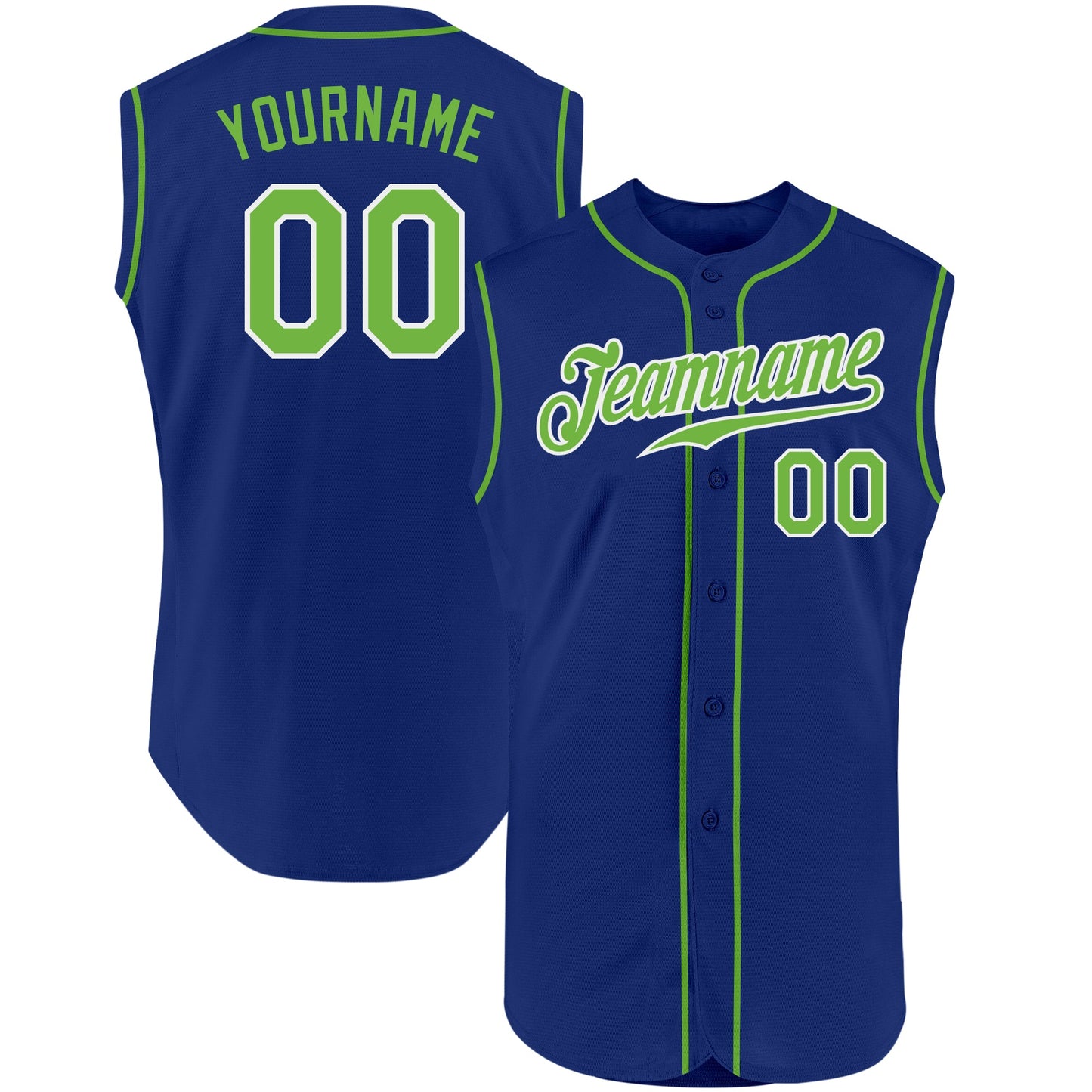 Custom Royal Neon Green-White Authentic Sleeveless Baseball Jersey - Main View