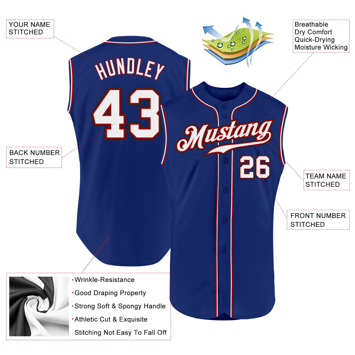 Custom Royal White-Red Authentic Sleeveless Baseball Jersey view 2