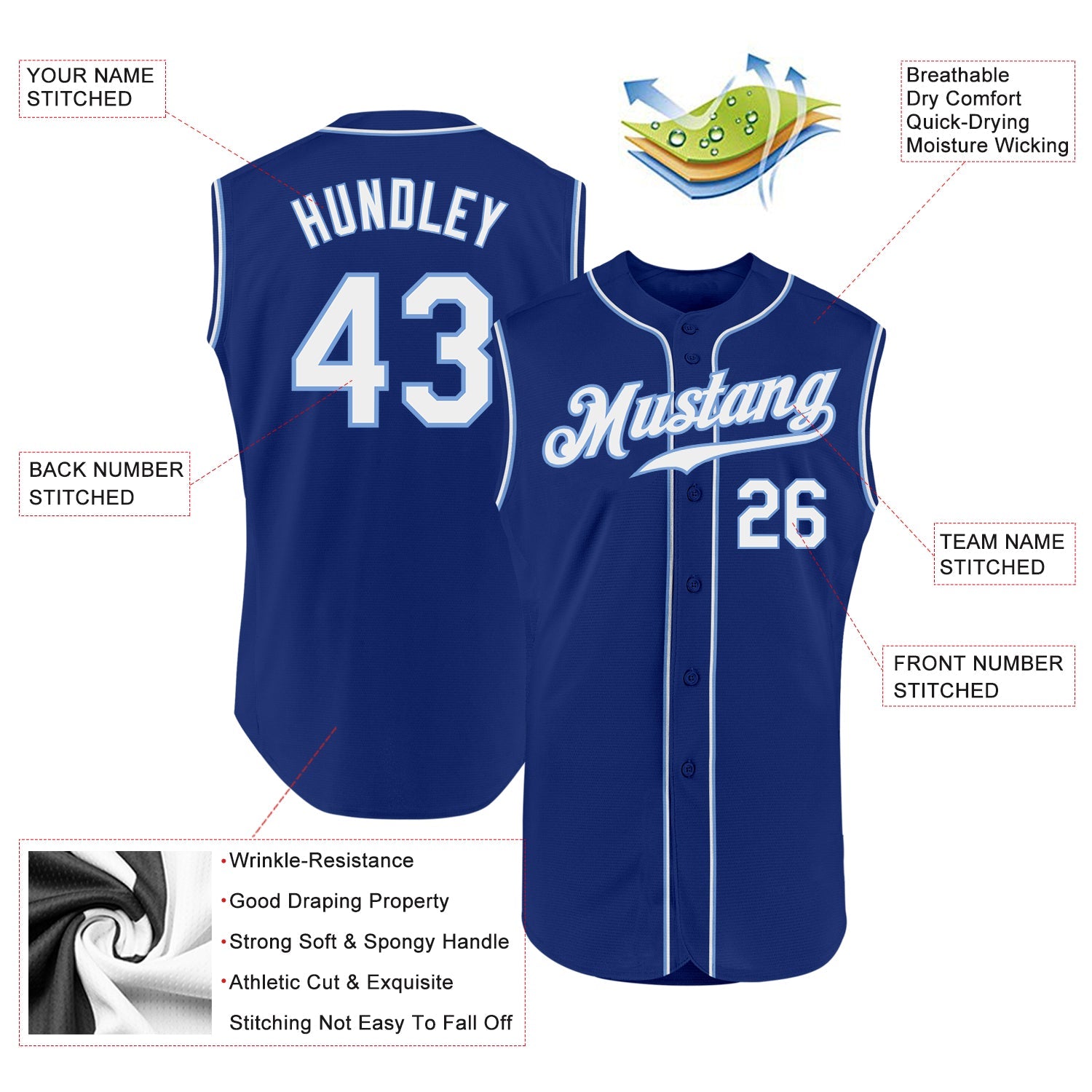 Custom Royal White-Light Blue Authentic Sleeveless Baseball Jersey view 2