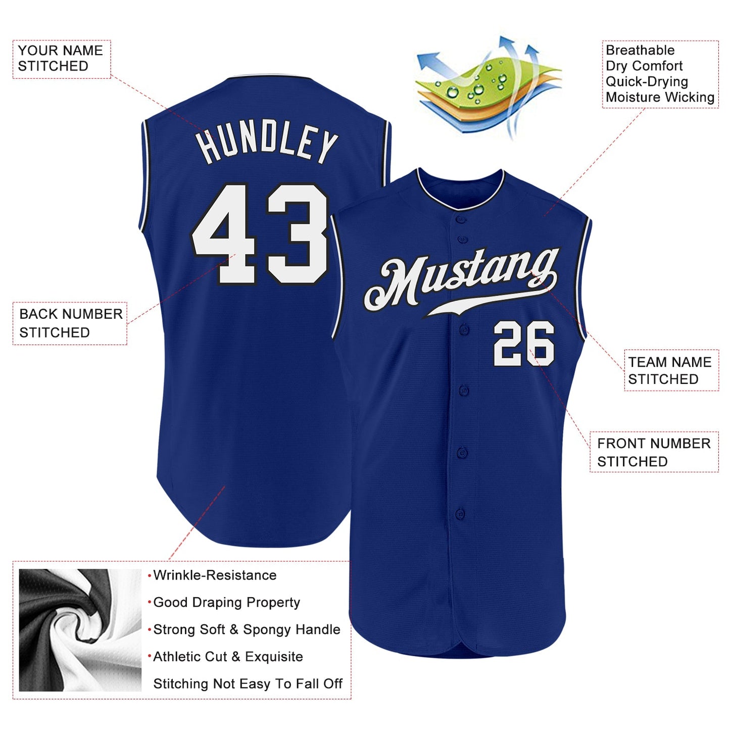 Custom Royal White-Black Authentic Sleeveless Baseball Jersey view 2