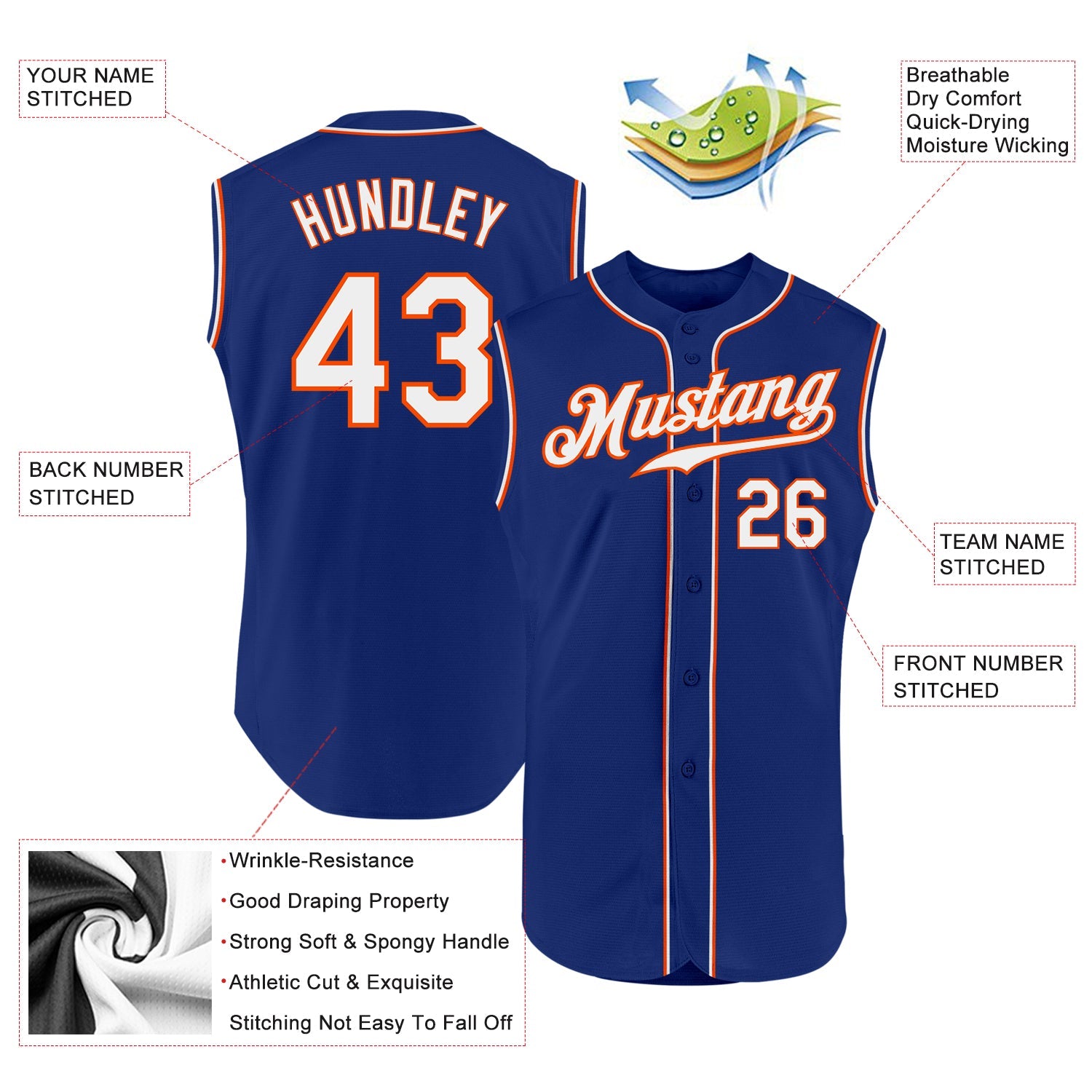 Custom Royal White-Orange Authentic Sleeveless Baseball Jersey view 2