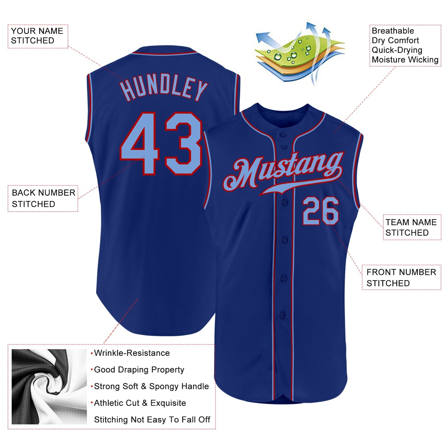 Custom Royal Light Blue-Red Authentic Sleeveless Baseball Jersey view 2