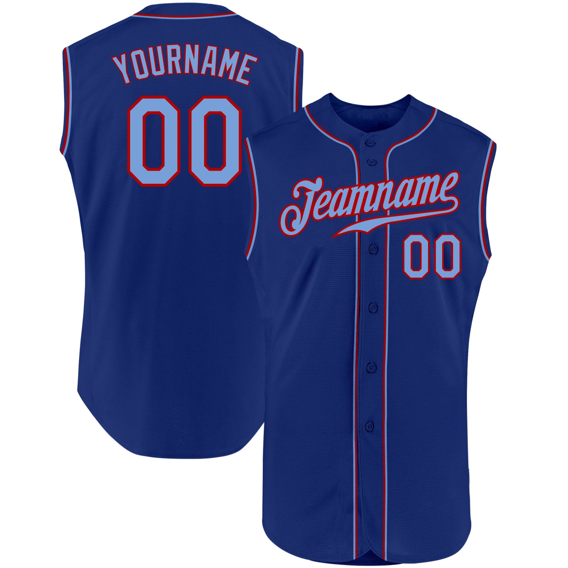 Custom Royal Light Blue-Red Authentic Sleeveless Baseball Jersey - Main View