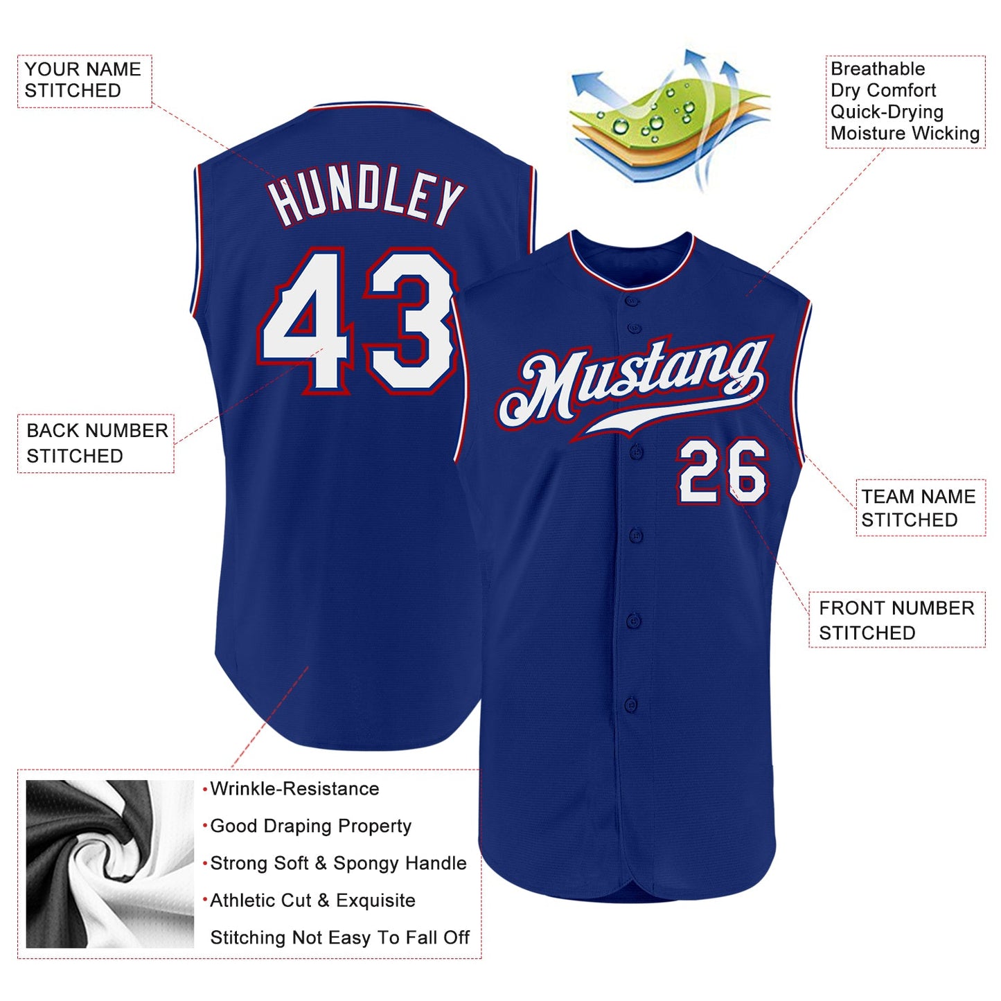 Custom Royal White-Red Authentic Sleeveless Baseball Jersey view 2