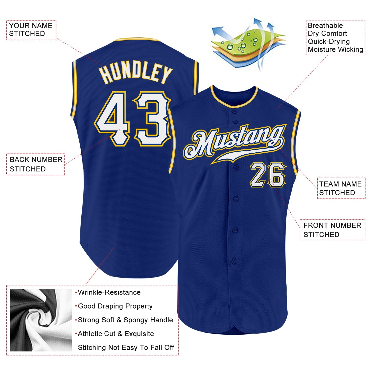Custom Royal White-Gold Authentic Sleeveless Baseball Jersey view 2