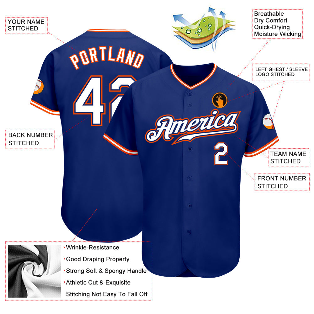 Custom Royal White-Orange Authentic Baseball Jersey view 3