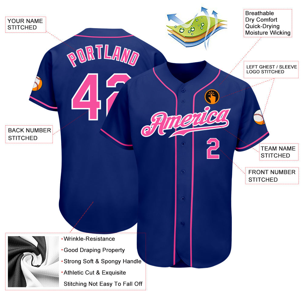Custom Royal Pink-White Authentic Baseball Jersey view 3
