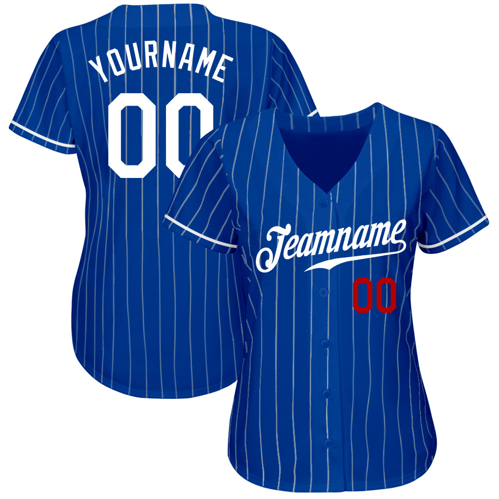 Custom Royal White Pinstripe White-Red Authentic Baseball Jersey view 2