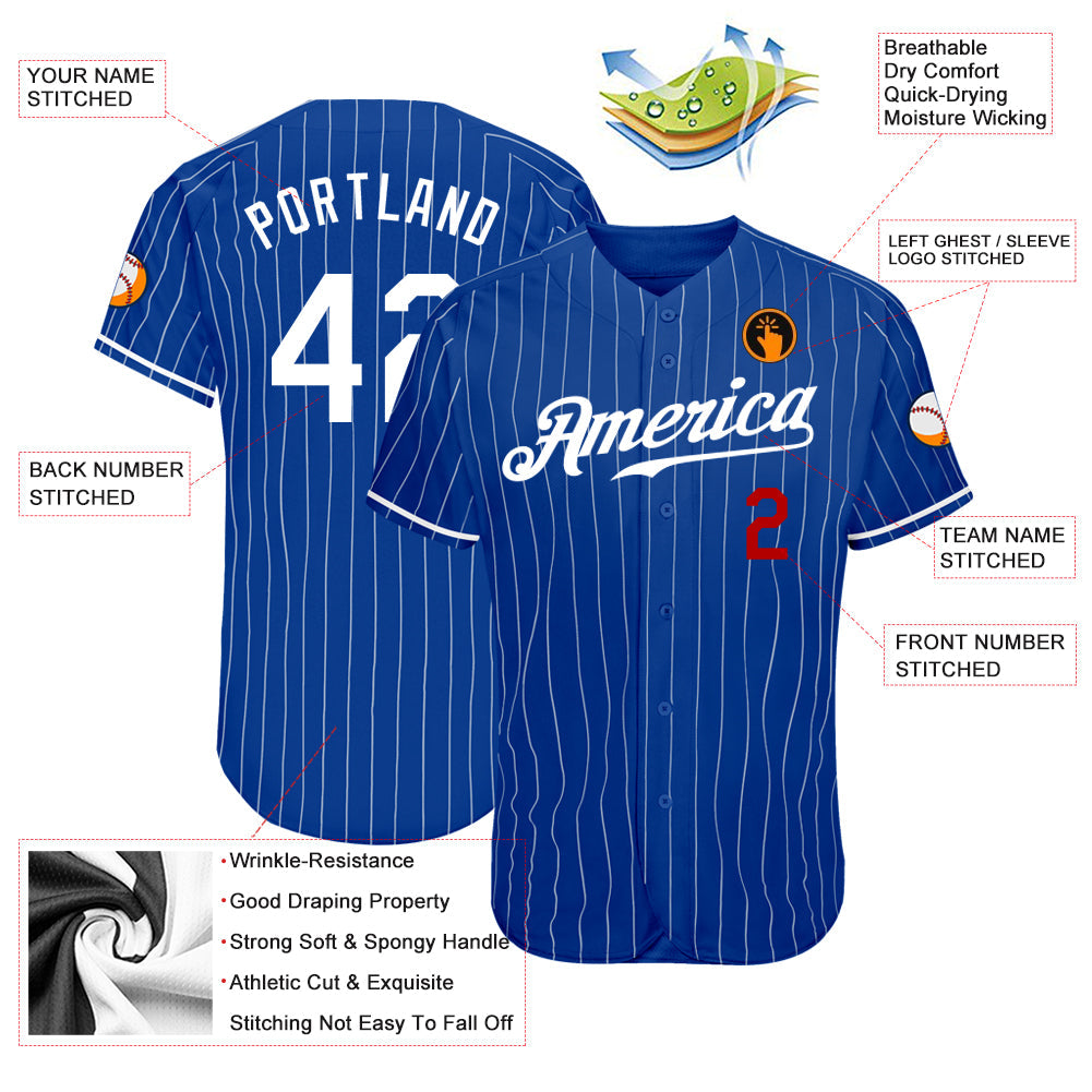 Custom Royal White Pinstripe White-Red Authentic Baseball Jersey view 3