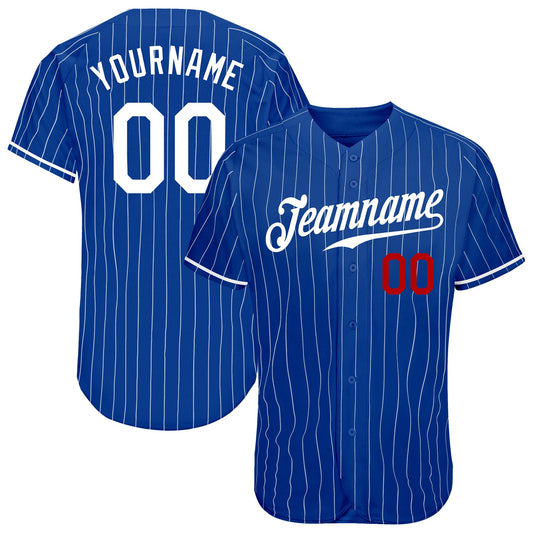 Custom Royal White Pinstripe White-Red Authentic Baseball Jersey - Main View