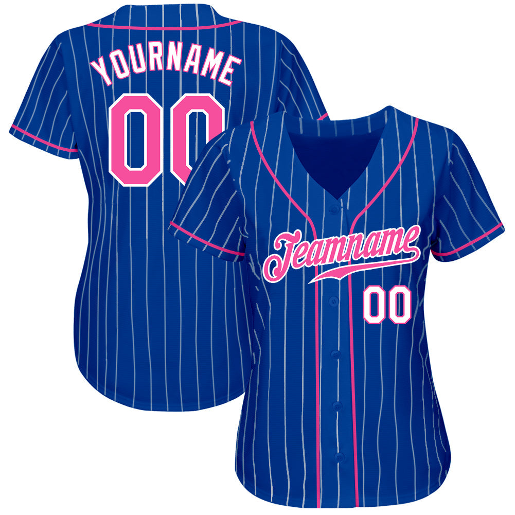 Custom Royal White Pinstripe Pink-White Authentic Baseball Jersey view 2