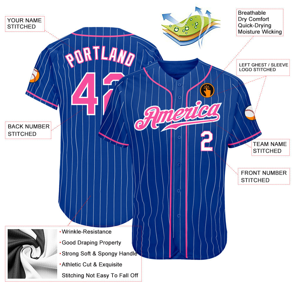 Custom Royal White Pinstripe Pink-White Authentic Baseball Jersey view 3