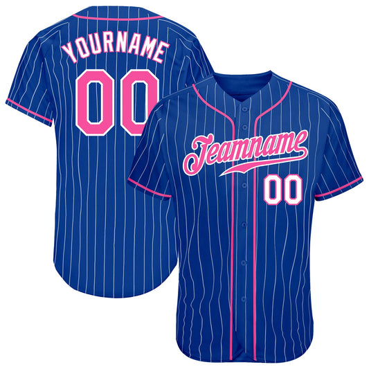 Custom Royal White Pinstripe Pink-White Authentic Baseball Jersey - Main View