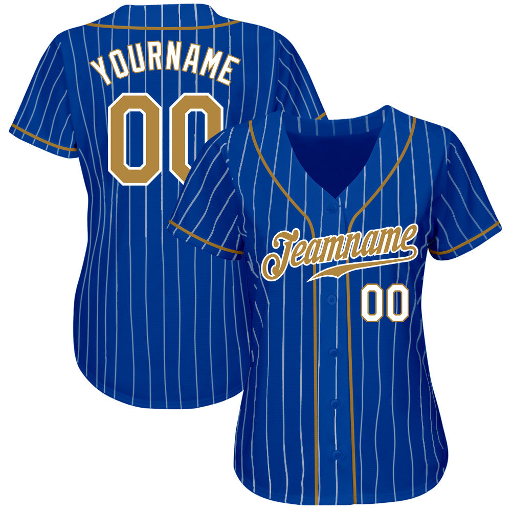 Custom Royal White Pinstripe Old Gold-White Authentic Baseball Jersey view 2