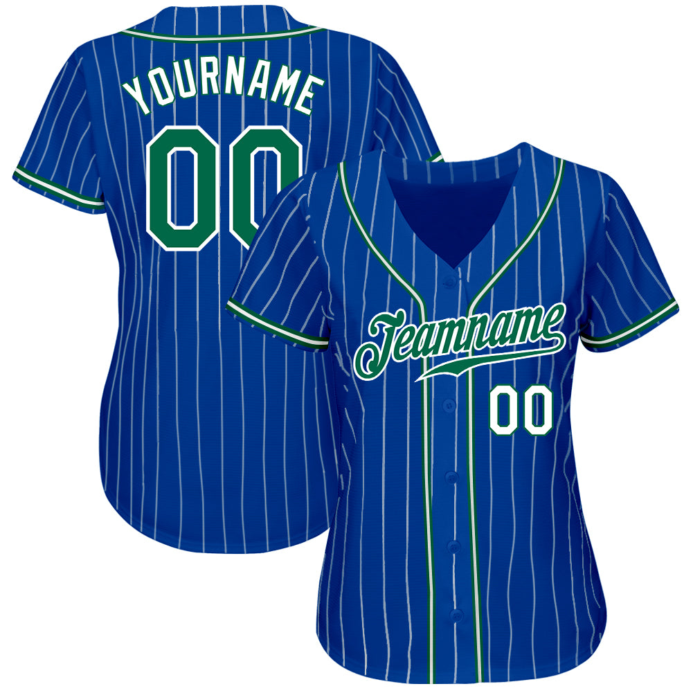 Custom Royal White Pinstripe Kelly Green-White Authentic Baseball Jersey view 2