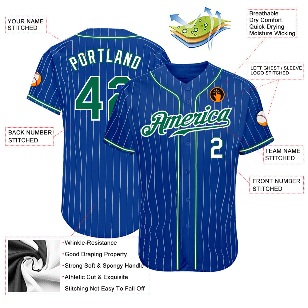 Custom Royal White Pinstripe Kelly Green-White Authentic Baseball Jersey view 3