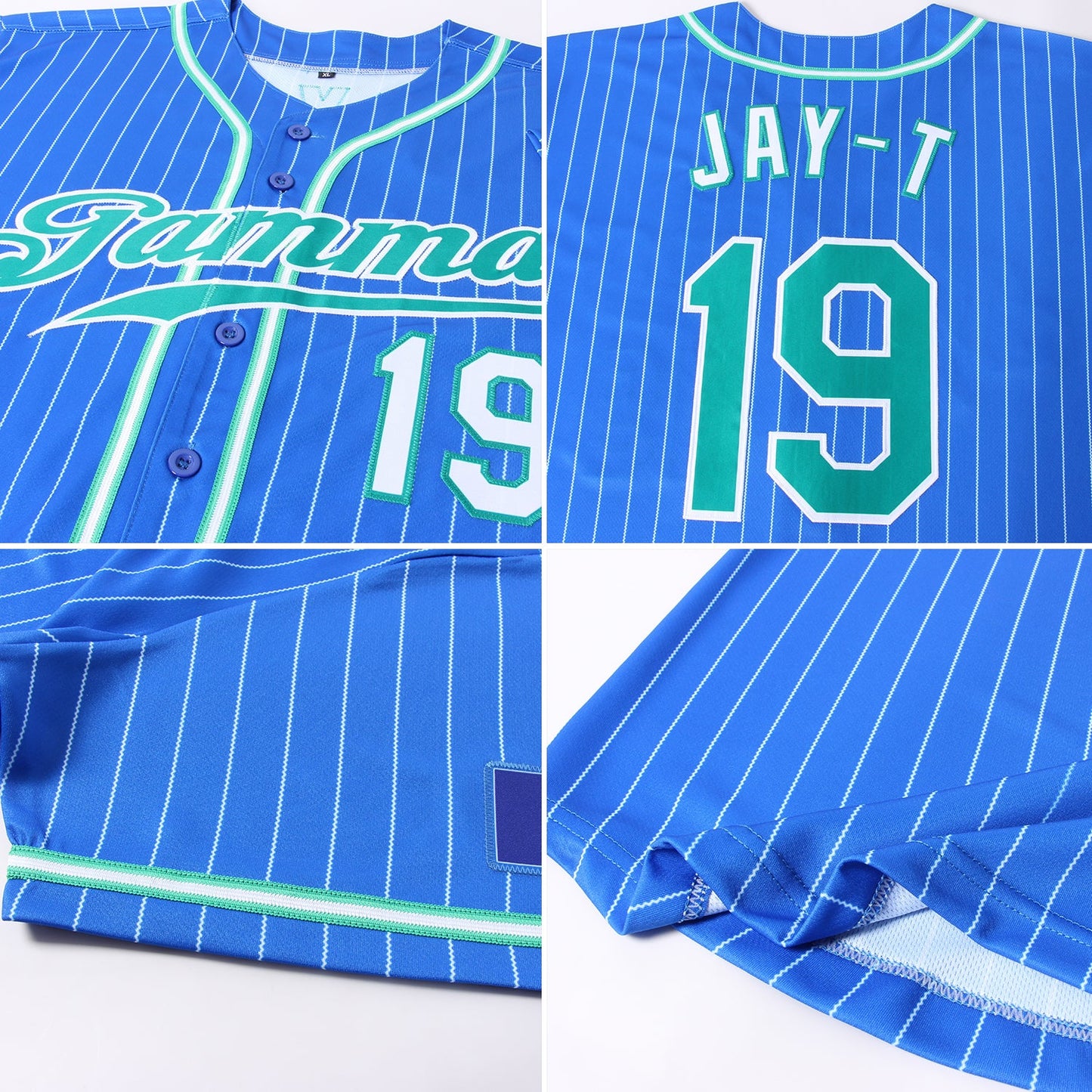 Custom Royal White Pinstripe Kelly Green-White Authentic Baseball Jersey view 6