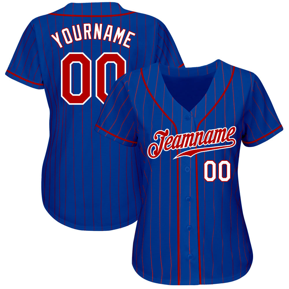 Custom Royal Red Pinstripe Red-White Authentic Baseball Jersey view 2