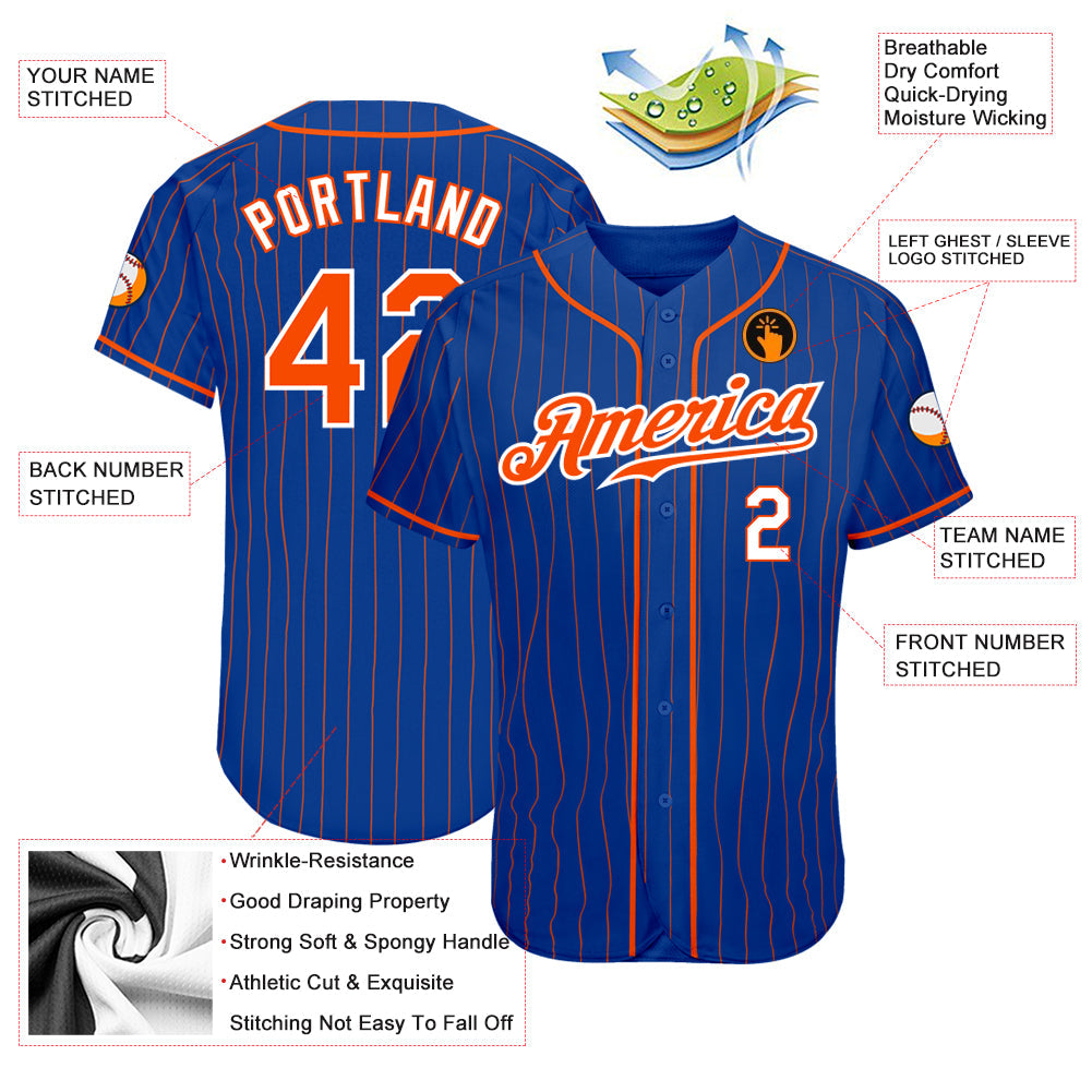 Custom Royal Orange Pinstripe Orange-White Authentic Baseball Jersey view 3